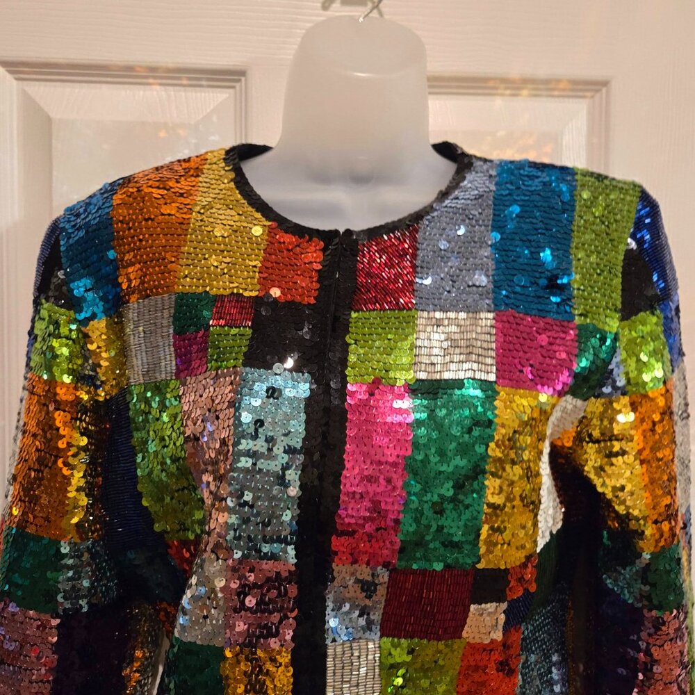 Vintage Adrienne Vittadini Rainbow Sequin Glitter Patchwork Jacket Small - Picture 7 of 15